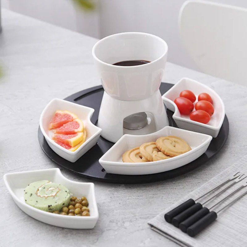 Fondue Pot Ceramic - Biały, glazurowany ceramiczny zestaw do fondue