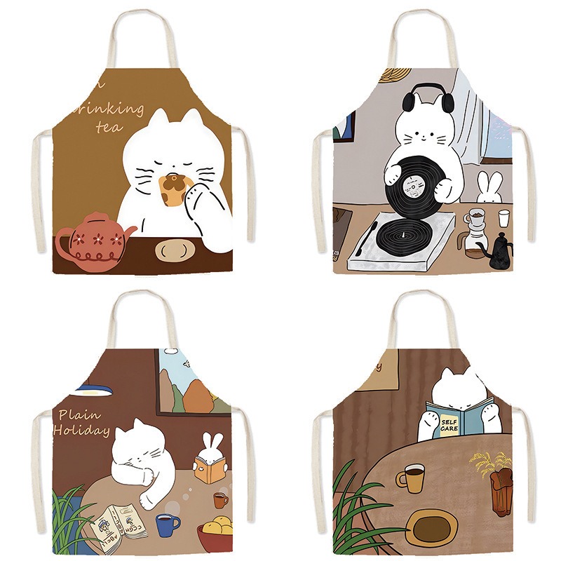 Home Cooking For Cats - Uroczy biały fartuch z nadrukiem kota,